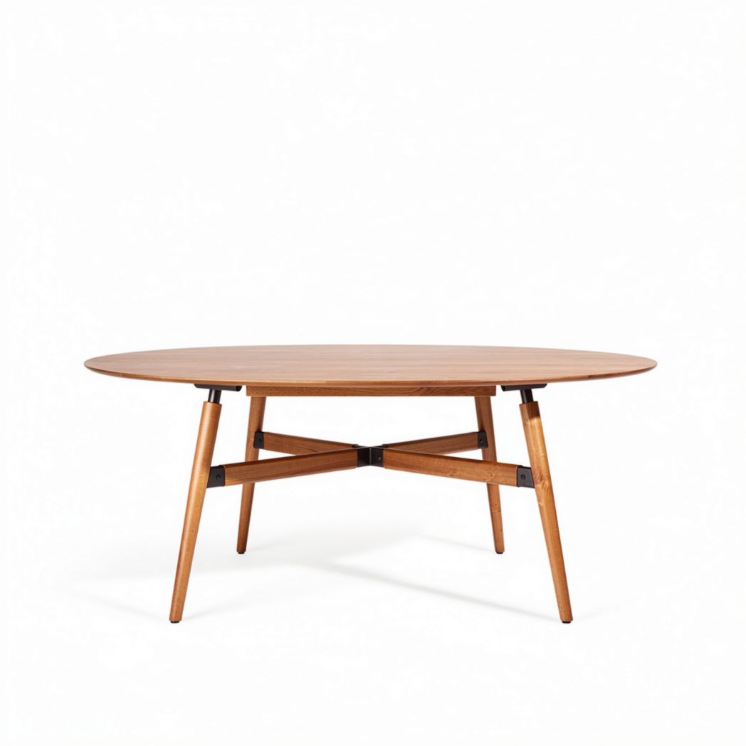 Oval wooden coffee table with black metal accents 150 x 75 x 75cm