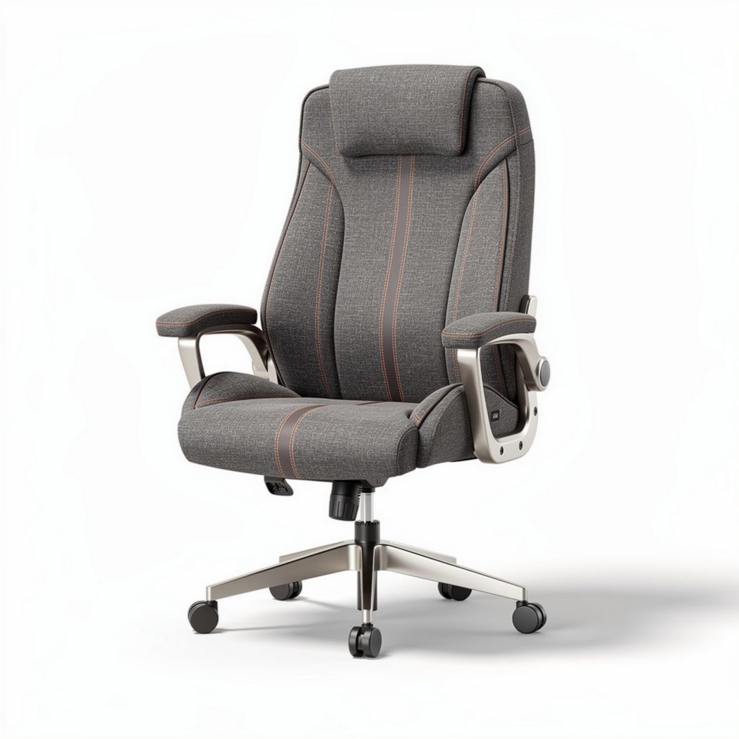 Ergonomic office chair with adjustable headrest and gray fabric upholstery
