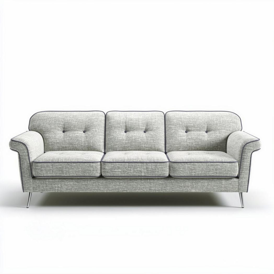 Fabric upholstered three-seater sofa with tufted back and silver legs 200 x 90 x 80cm