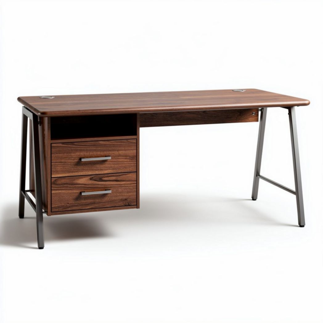walnut wood desk with two drawers and metal legs 120 x 60 x 75cm