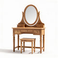 Wooden vanity table set with mirror and stool in natural finish 90 x 40 x 150cm