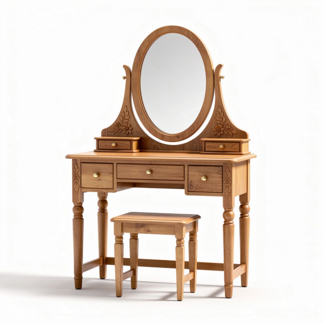 Wooden vanity table set with mirror and stool in natural finish 90 x 40 x 150cm