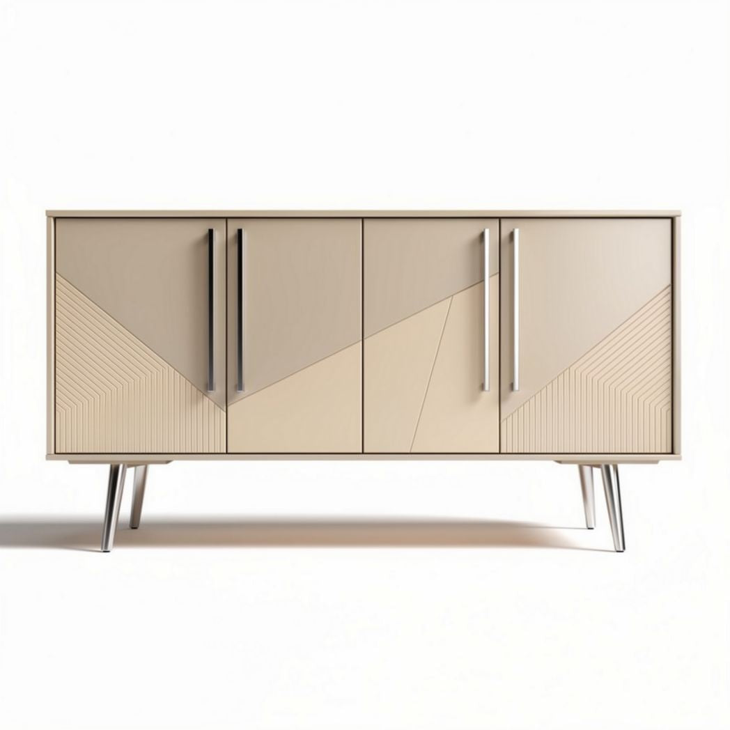 Modern wooden sideboard cabinet with geometric design and silver handles 150 x 40 x 70cm