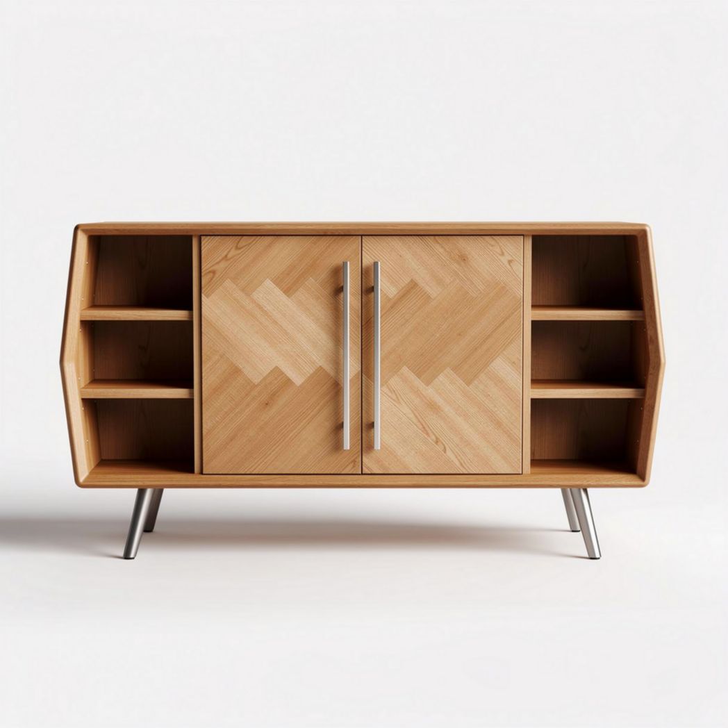 Wooden media console with shelving and metal legs 120 x 40 x 70cm