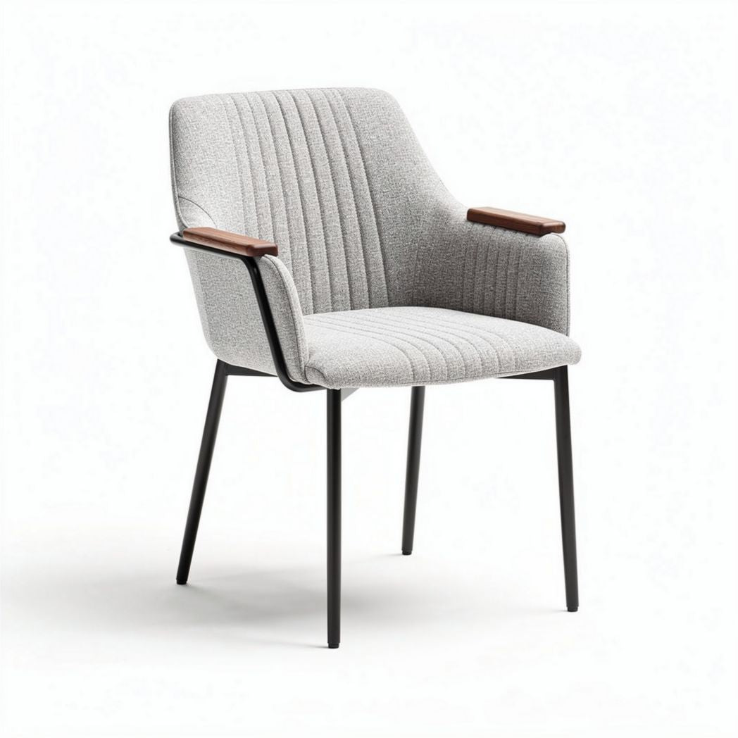 Fabric upholstered dining chair with wooden armrests and metal legs 55 x 55 x 85cm