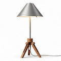 Wooden tripod table lamp with silver metal shade and 25 x 25 x 50cm dimensions