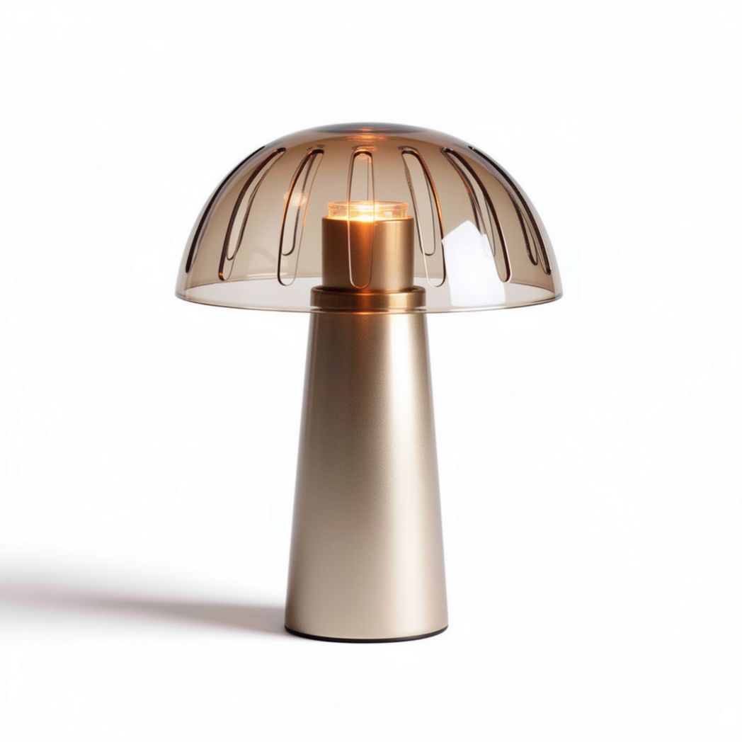 Glass mushroom-shaped table lamp with metal base and warm light 25 x 25 x 35cm