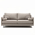 Two-seat sofa in light gray fabric with metal legs and decorative stitching
