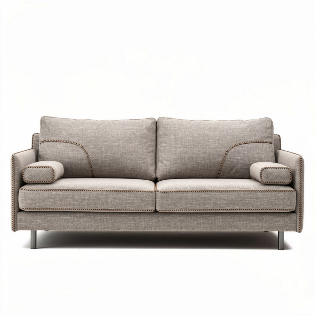 Two-seat sofa in light gray fabric with metal legs and decorative stitching